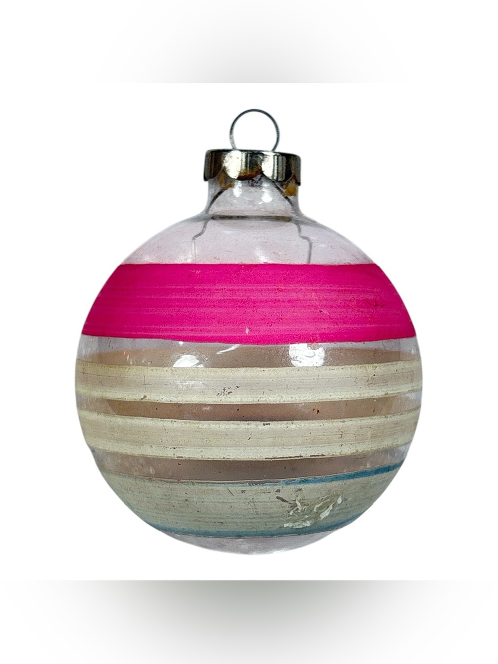 Vtg Shiny Brite 3” Unsilvered Glass Ornament Pink White Stripes WWII Christmas
